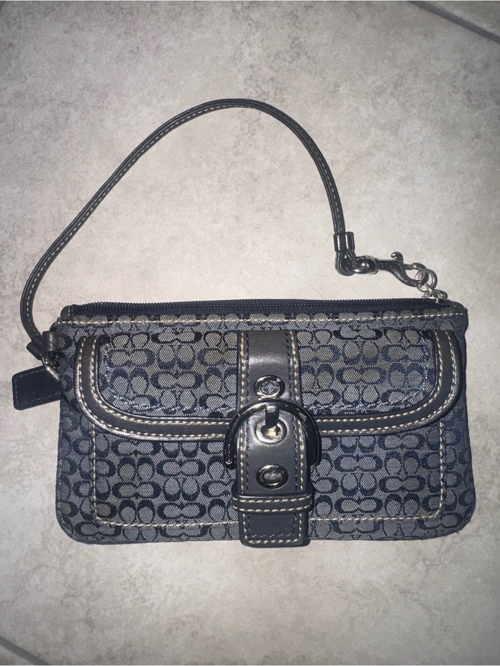 Coach Navy Signature Canvas Wristlet with Leather Trim